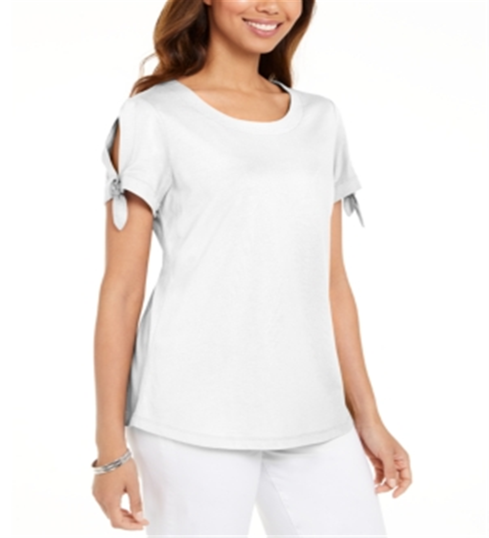 Camiseta feminina Karen Scott com manga amarrada, branca, tamanho X-S