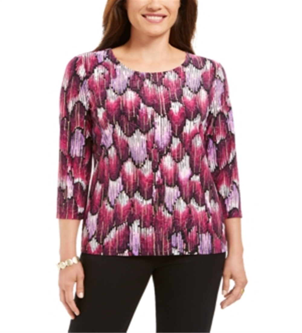 Blusa feminina estampada com manga 3/4 da coleção JM, preta, tamanho X-S