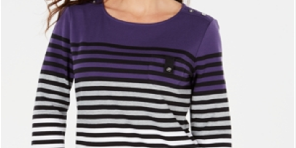 Blusa listrada com blocos de cores Karen Scott feminina, listra roxa/preta, tamanho pequeno P/M