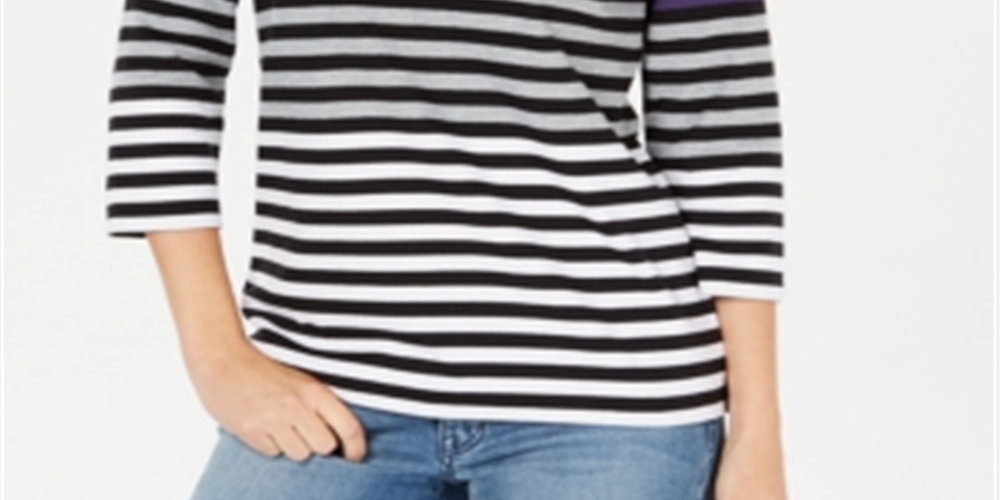 Blusa listrada com blocos de cores Karen Scott feminina, listra roxa/preta, tamanho pequeno P/M