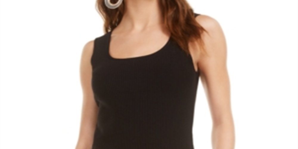 Blusa regata feminina Bar III com gola quadrada e malha canelada, preta, tamanho extragrande