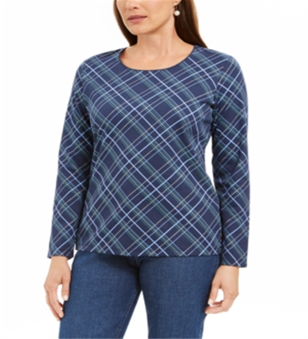 Karen Scott Blusa Feminina Holly Plaid Embelezada Azul Tamanho XX-G