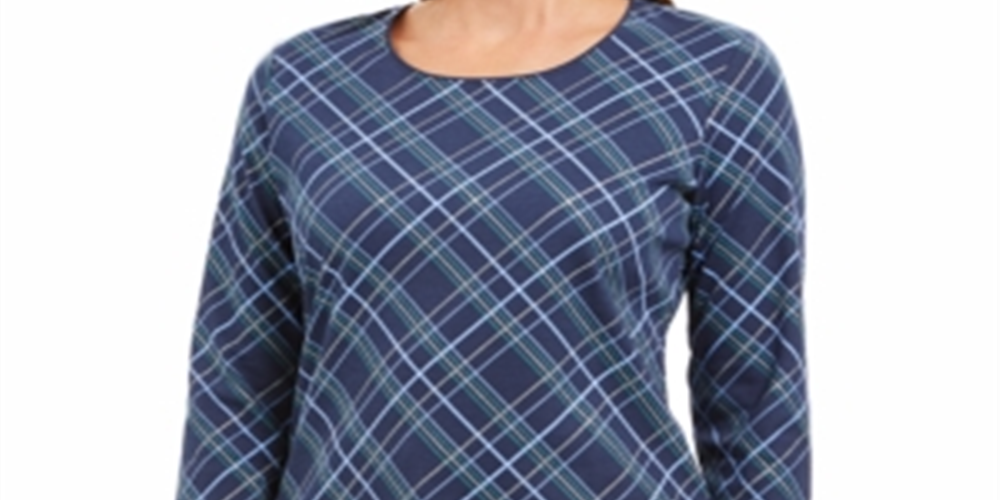 Karen Scott Blusa Feminina Holly Plaid Embelezada Azul Tamanho XX-G
