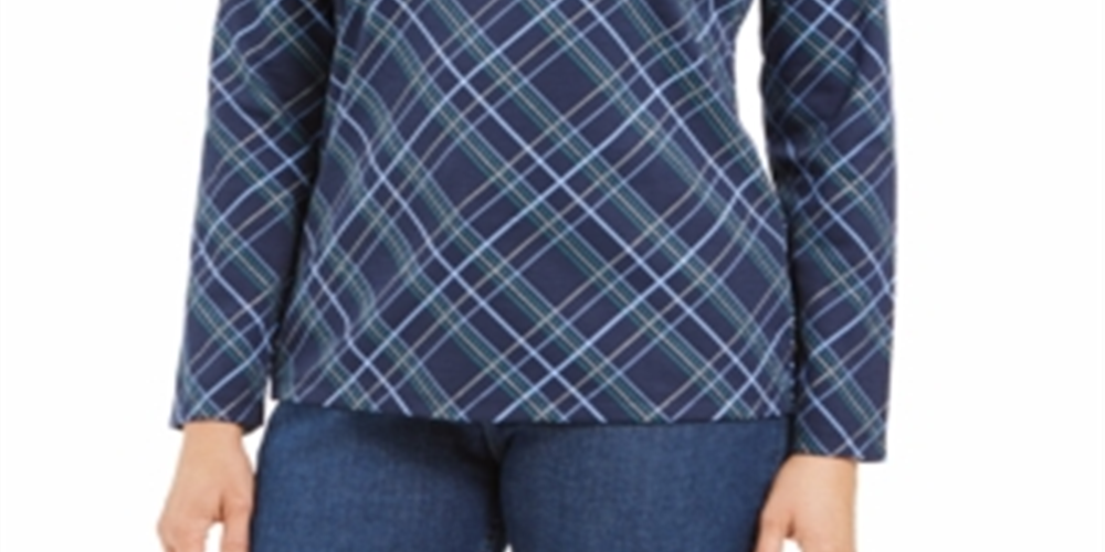 Karen Scott Blusa Feminina Holly Plaid Embelezada Azul Tamanho XX-G