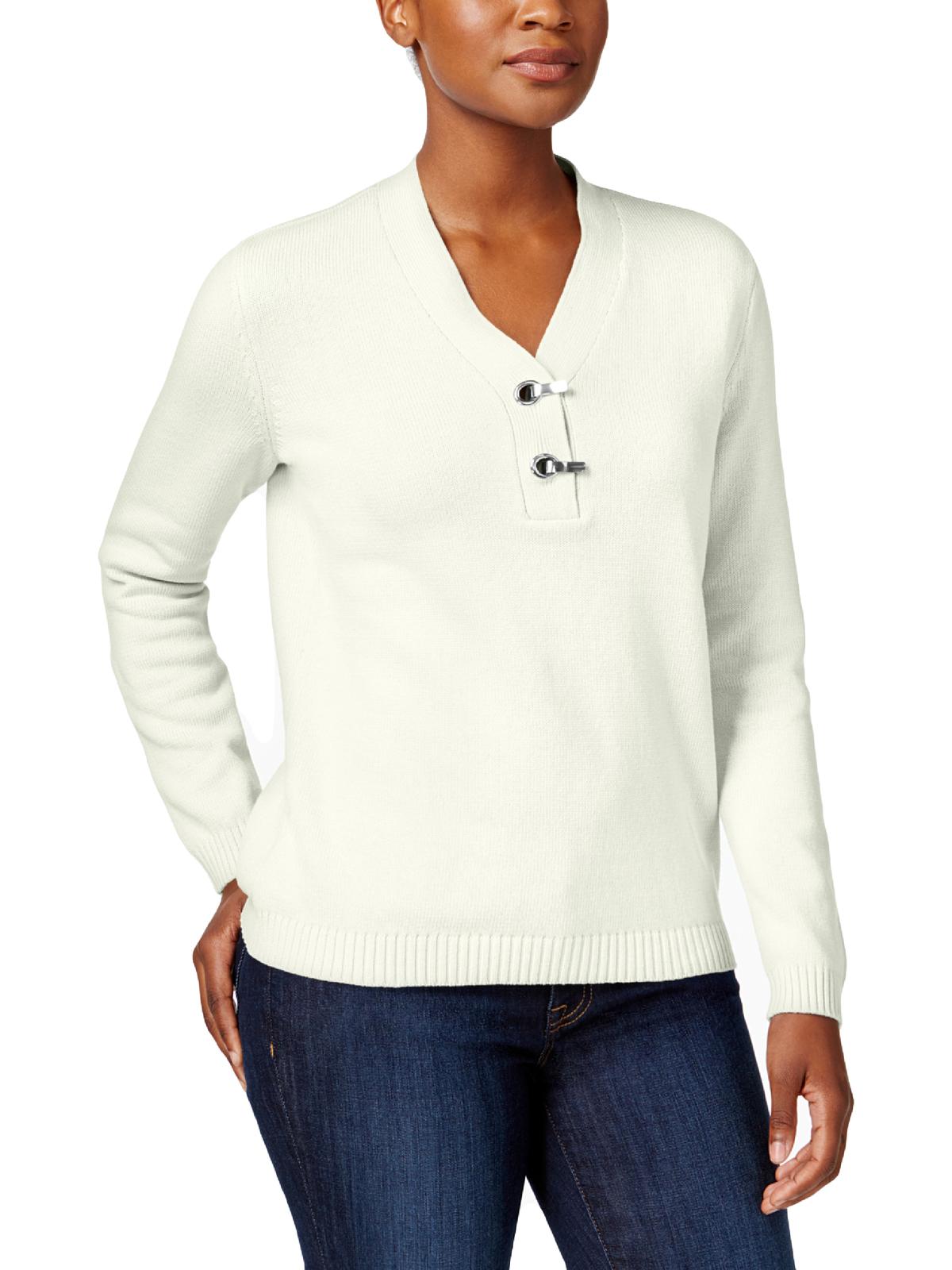 Karen Scott Suéter Feminino de Algodão com Gola V e Hardware, Branco, Tamanho Grande