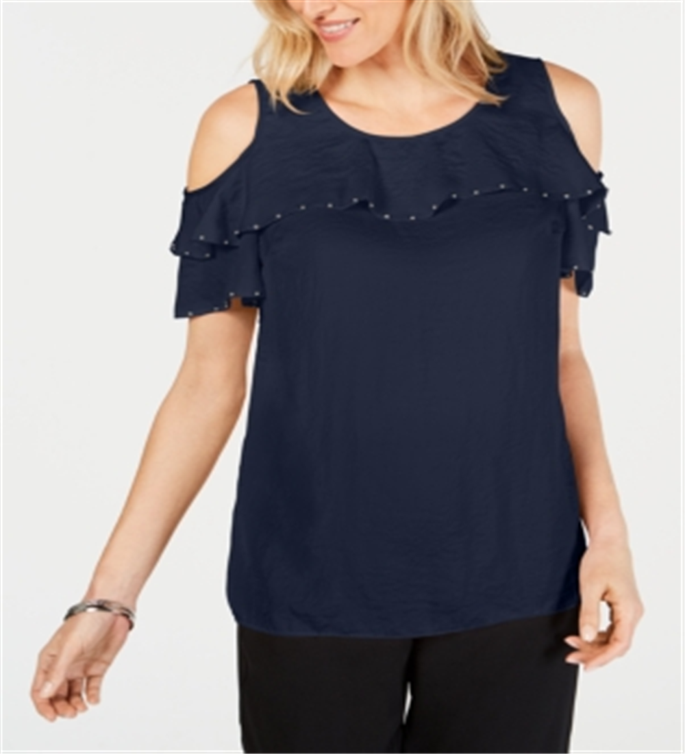 Blusa feminina com babados e ombros de fora, azul, tamanho médio, da coleção JM