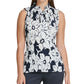 Blusa feminina DKNY plissada com laço floral, sem mangas, decote em V, azul, tamanho grande