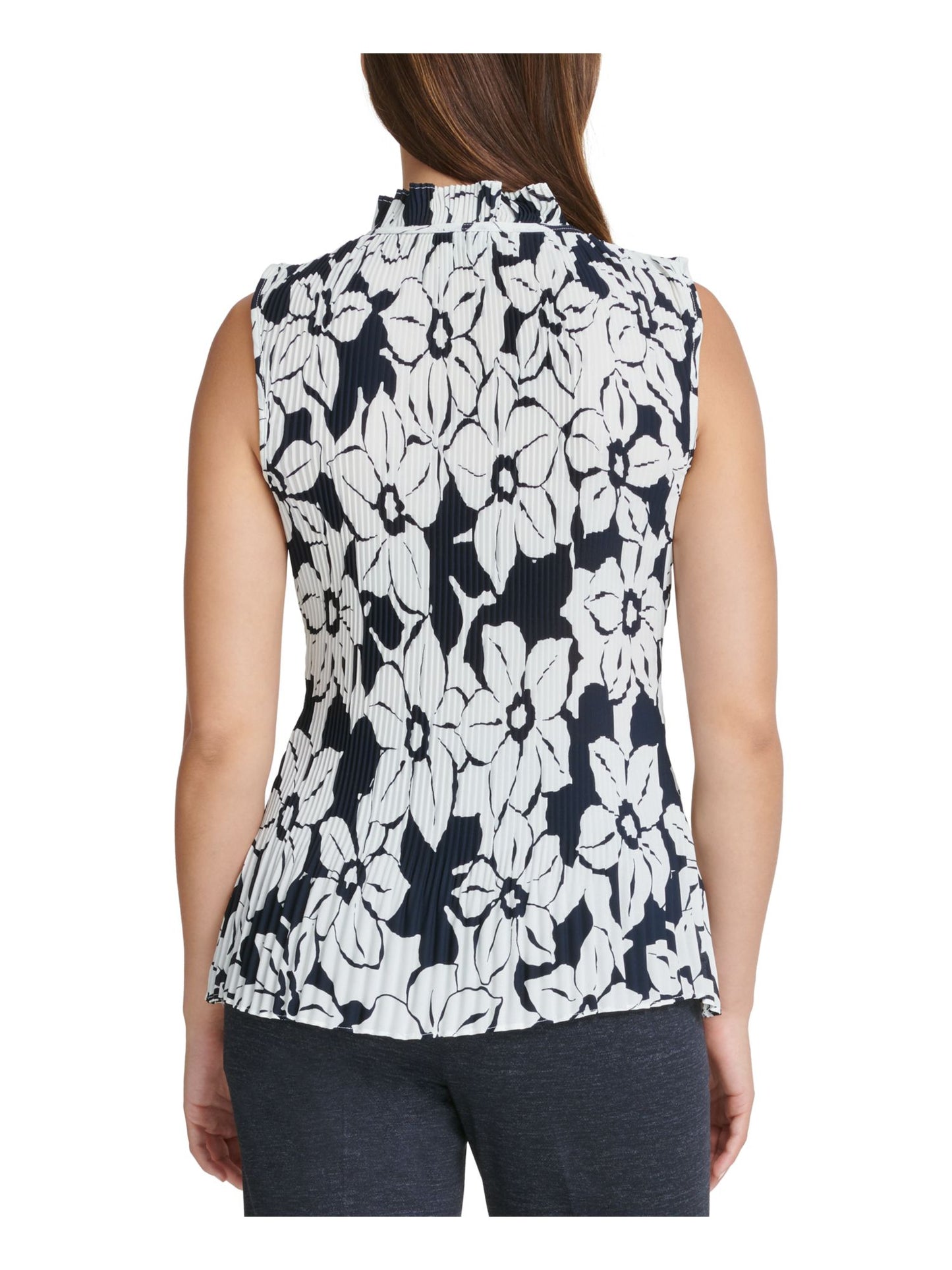 Blusa feminina DKNY plissada com laço floral, sem mangas, decote em V, azul, tamanho grande