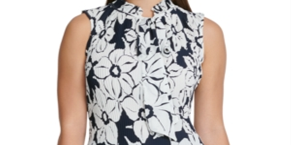 Blusa feminina DKNY plissada com laço floral, sem mangas, decote em V, azul, tamanho grande