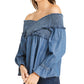 INC International Concepts Top feminino casual de manga comprida com ombros de fora, tamanho 79, azul, pequeno e pequeno