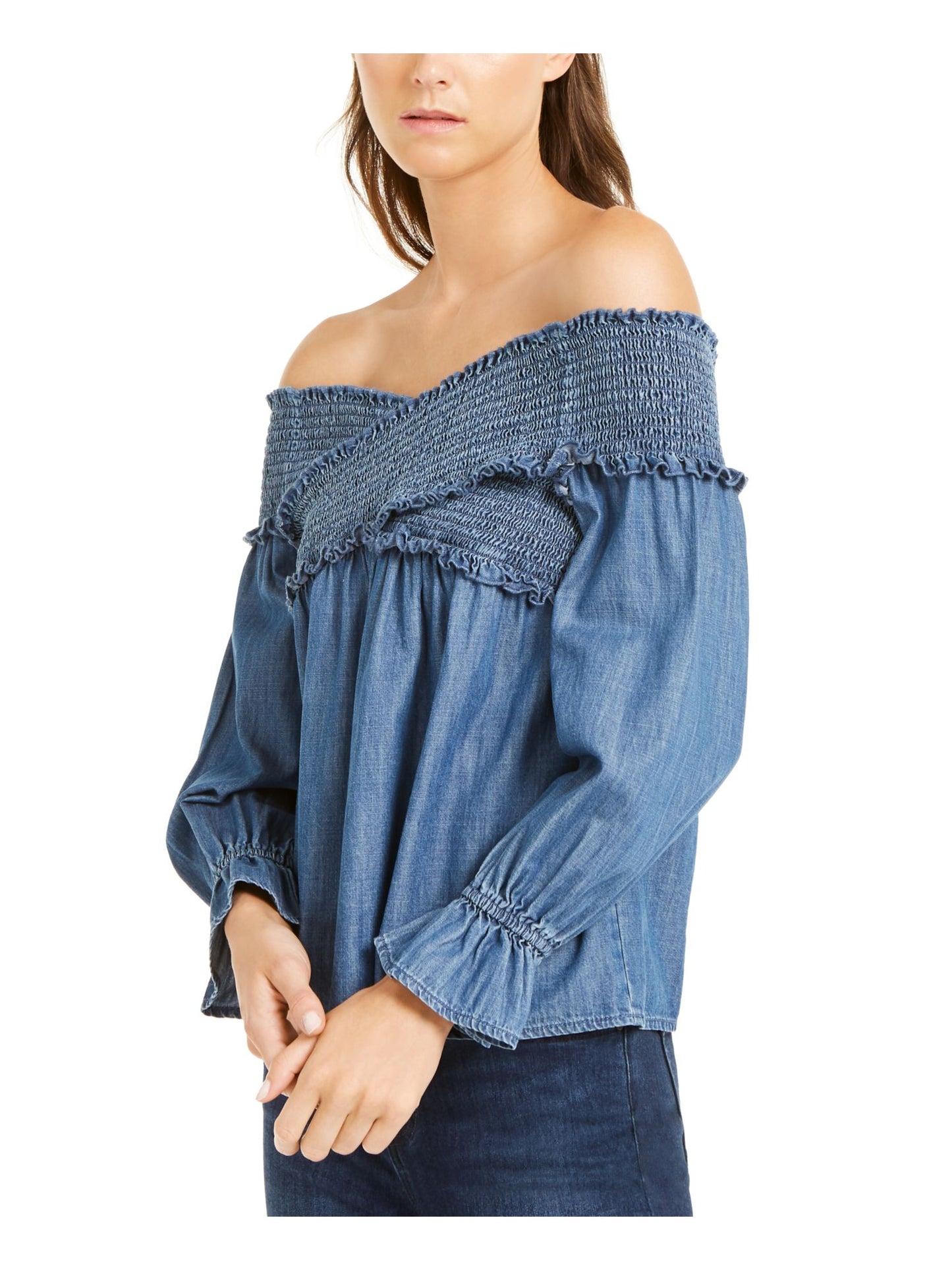 INC International Concepts Top feminino casual de manga comprida com ombros de fora, tamanho 79, azul, pequeno e pequeno