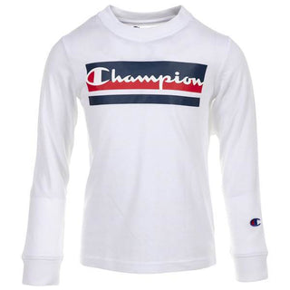 Camiseta manga longa Champion Little Boy's Script, branca, tamanho 7