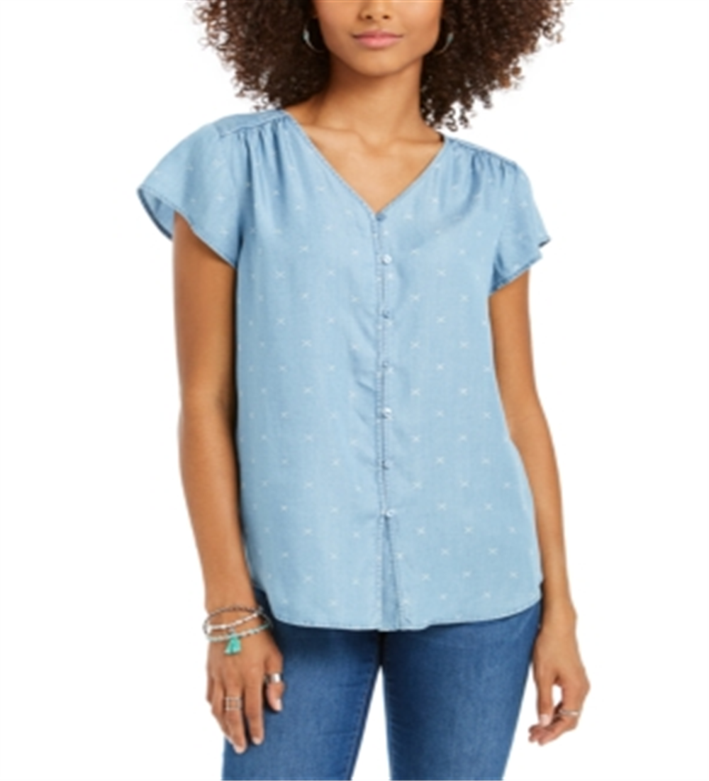 Blusa feminina estampada com botões estilo &amp; co, azul, tamanho extragrande