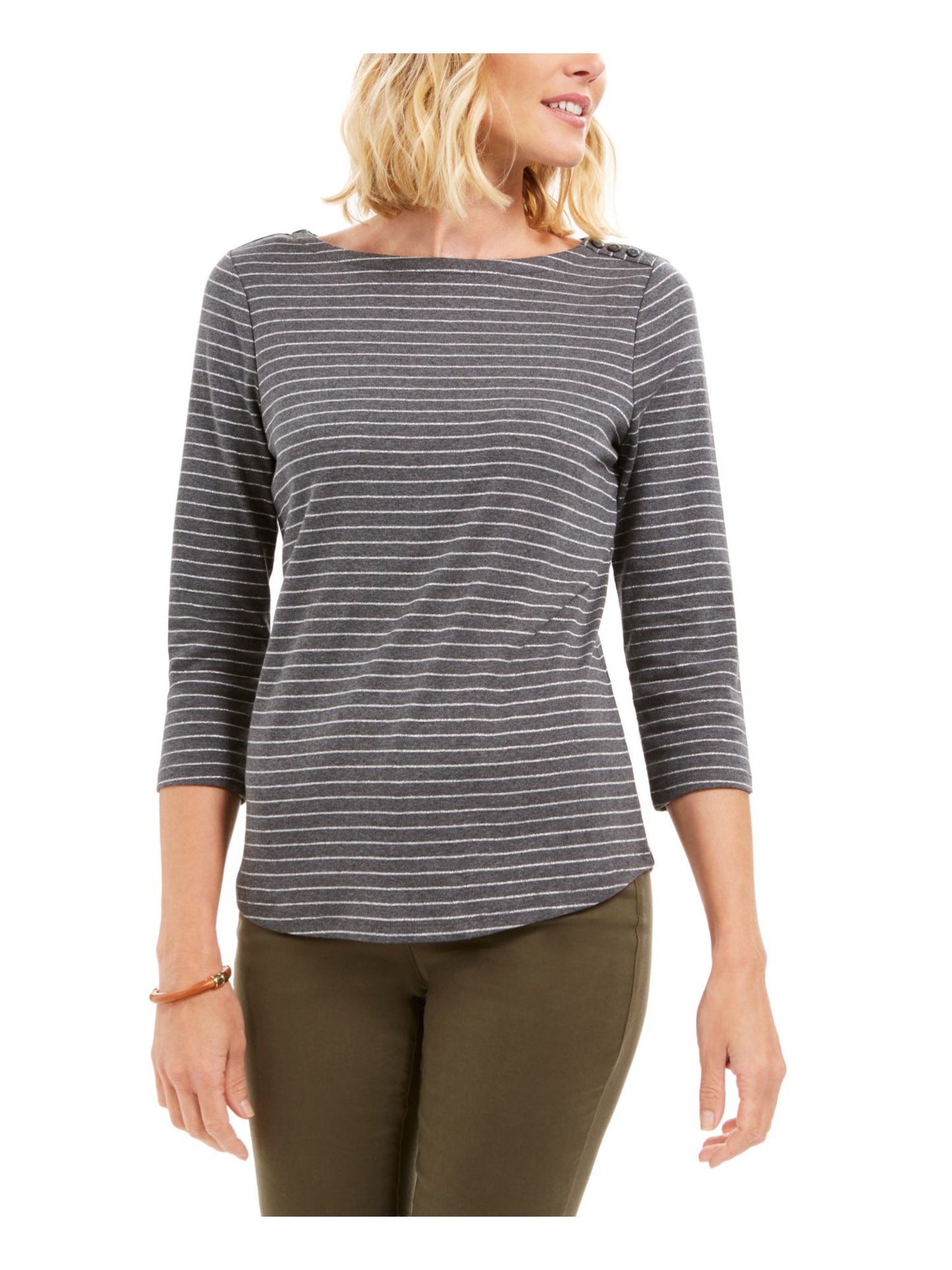 Charter Club Blusa feminina listrada de manga comprida com decote canoa, cinza, tamanho pequeno