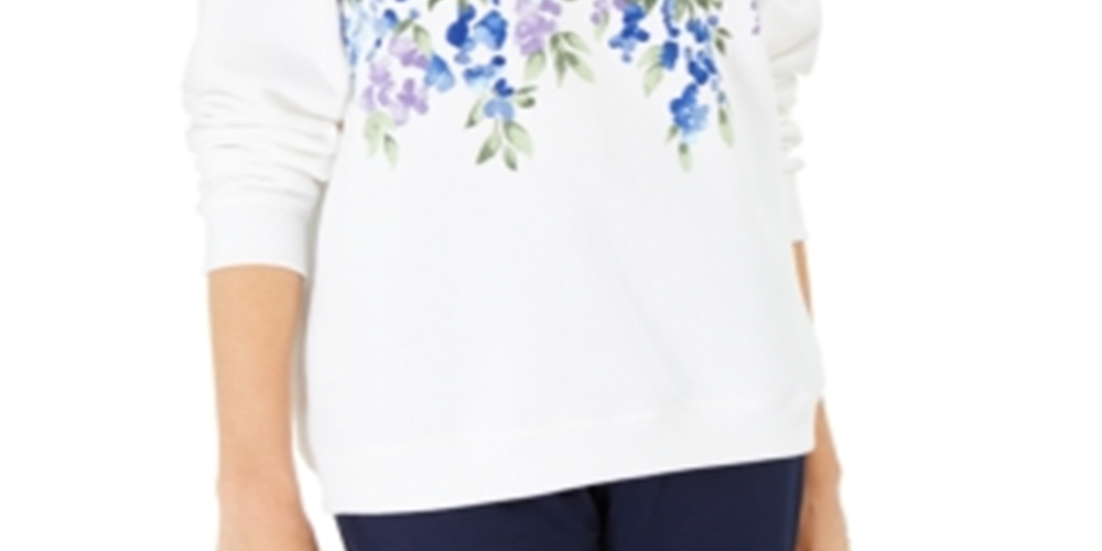 Blusa de lã estampada feminina Karen Scott, branca, floral azul, tamanho grande