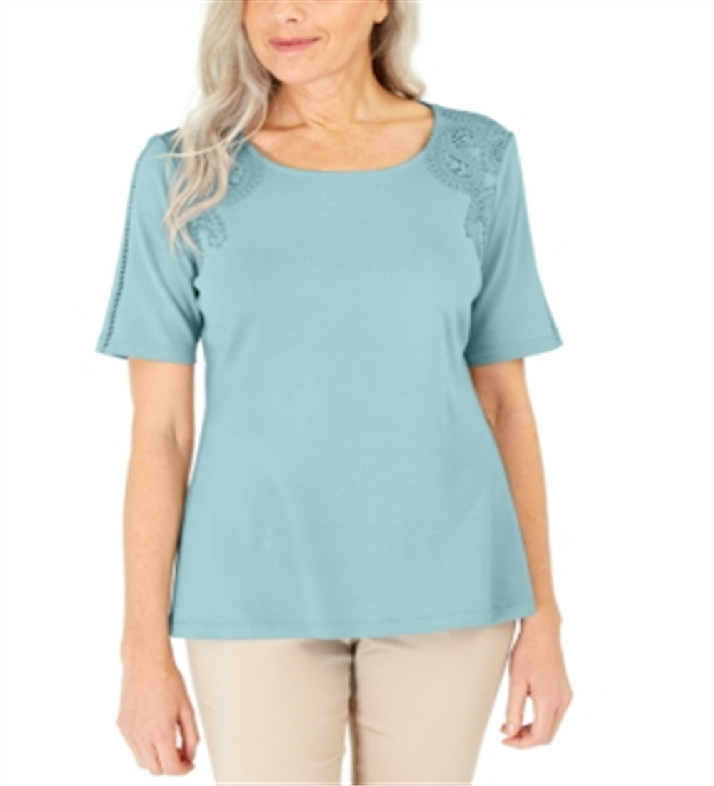Blusa de crochê de algodão feminina Karen Scott, azul, tamanho pequeno