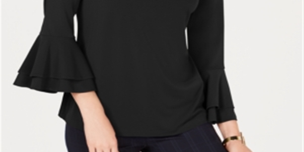 Blusa feminina Charter Club com manga sino e decote em V, preta, tamanho grande