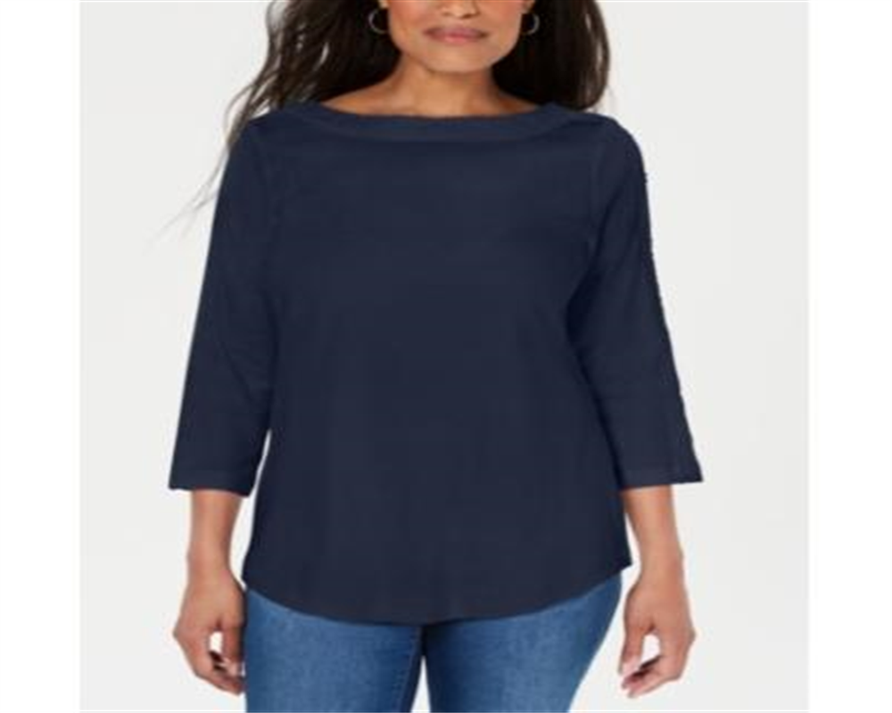 Blusa feminina Karen Scott com acabamento em renda e algodão, tamanho grande, azul
