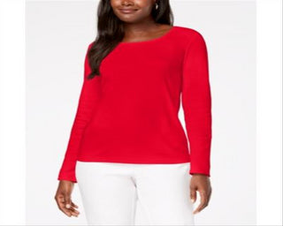 Karen Scott Blusa feminina de algodão com decote redondo, vermelha, tamanho extragrande