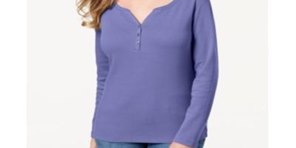 Karen Scott Top Henley de Algodão Feminino Roxo Tamanho P