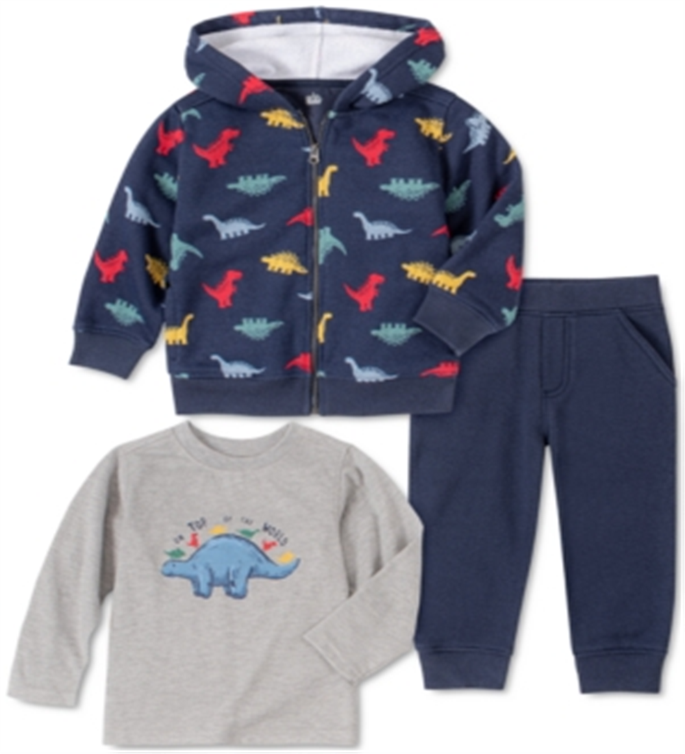 Conjunto infantil Headquarters para bebês meninos, 3 peças, moletom com capuz, calça de corrida e camiseta de manga comprida, dinossauro, tamanho marinho, 3 a 6 meses