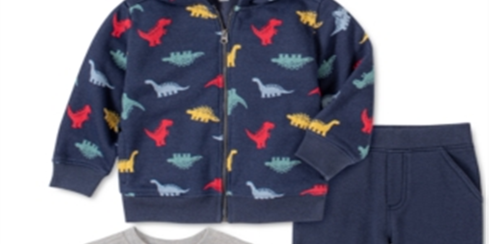 Conjunto infantil Headquarters para bebês meninos, 3 peças, moletom com capuz, calça de corrida e camiseta de manga comprida, dinossauro, tamanho marinho, 3 a 6 meses