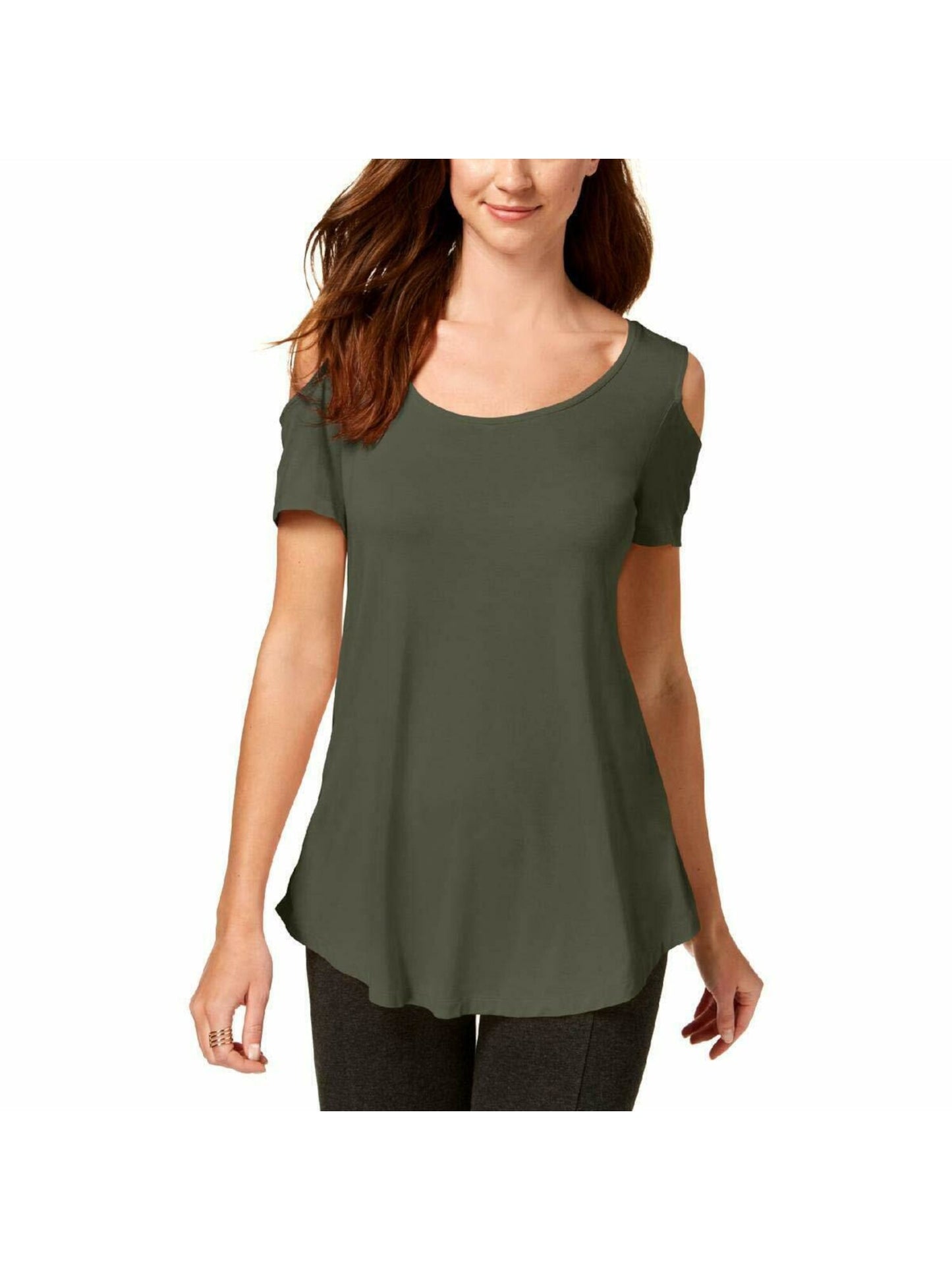 Camiseta feminina JM Collection com ombros descobertos e manga curta, verde, tamanho grande