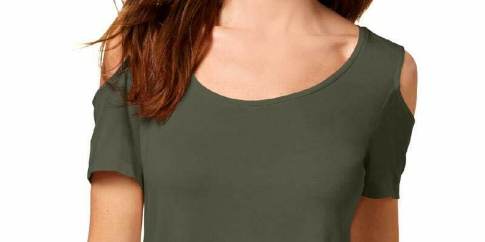 Camiseta feminina JM Collection com ombros descobertos e manga curta, verde, tamanho grande