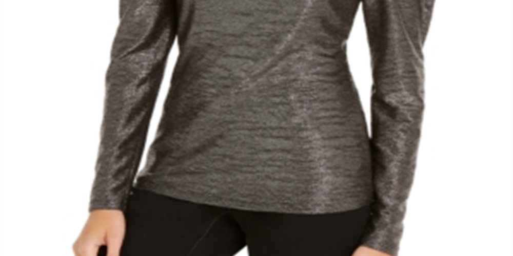INC International Concepts Camiseta feminina lisa brilhante manga comprida gola redonda festa top preto tamanho médio