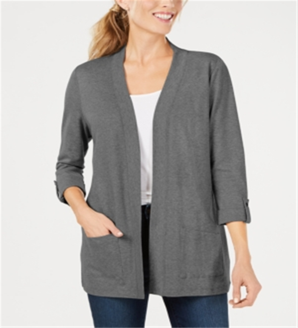 Karen Scott Cardigan feminino de algodão aconchegante, cinza, tamanho pequeno
