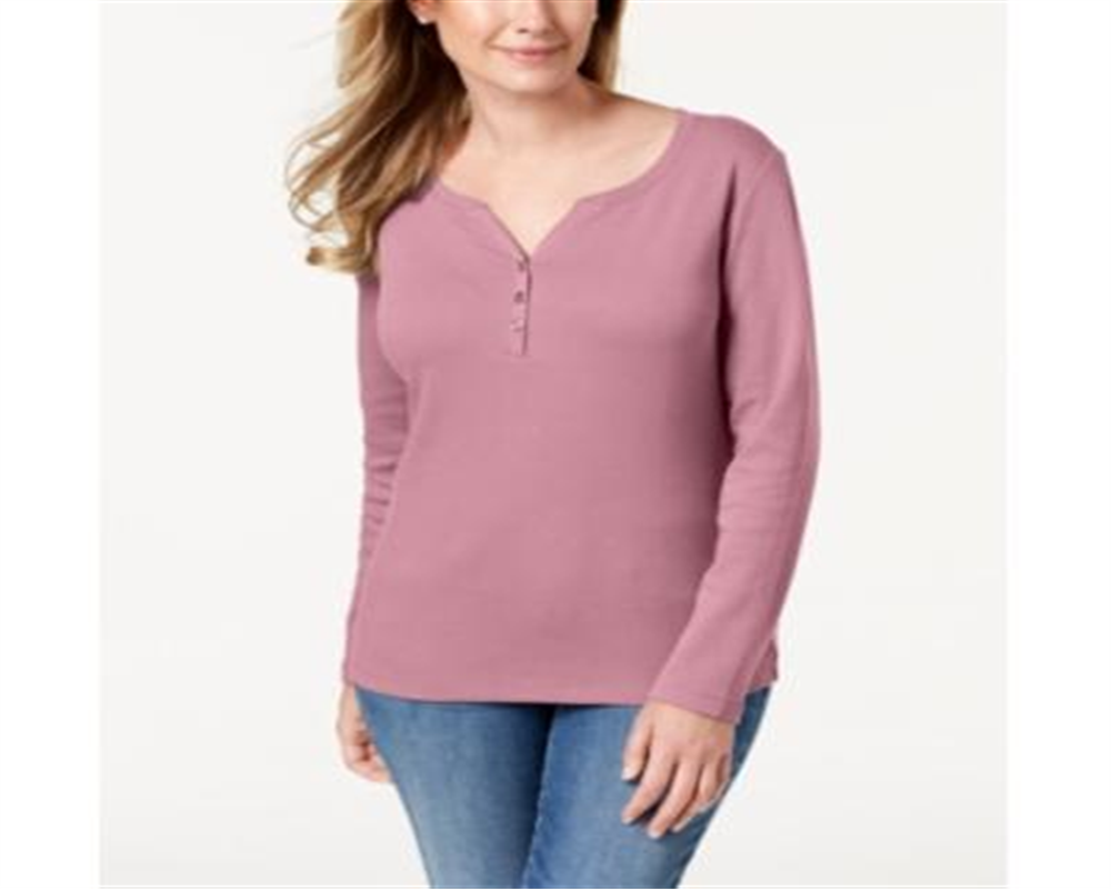 Karen Scott Top Henley de Algodão Feminino Rosa Tamanho Médio