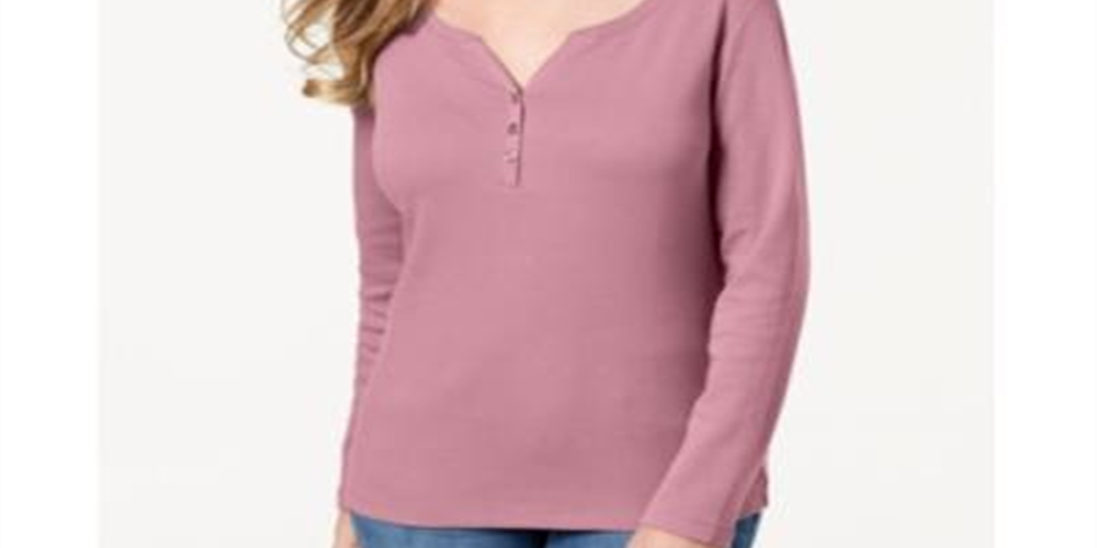 Karen Scott Top Henley de Algodão Feminino Rosa Tamanho Médio