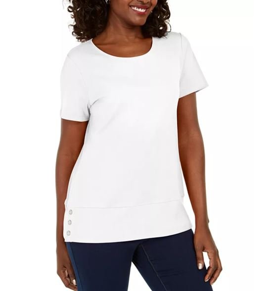 Karen Scott Blusa feminina de algodão com decote redondo e bainha com botões, branca, tamanho grande