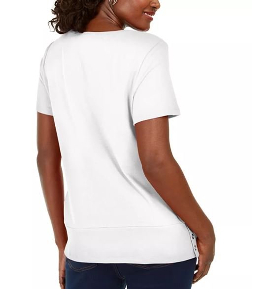 Karen Scott Blusa feminina de algodão com decote redondo e bainha com botões, branca, tamanho grande