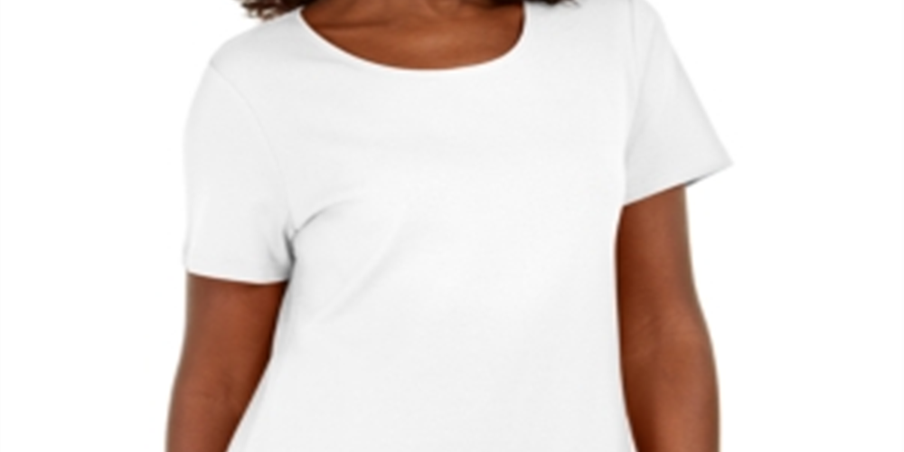 Karen Scott Blusa feminina de algodão com decote redondo e bainha com botões, branca, tamanho grande