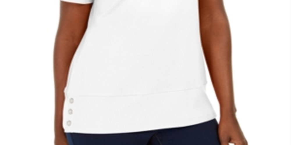 Karen Scott Blusa feminina de algodão com decote redondo e bainha com botões, branca, tamanho grande