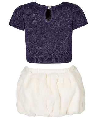 Conjunto de suéter metálico e saia de pele sintética First Impressions para bebê menina, 2 peças, azul, tamanho 0 a 3 meses