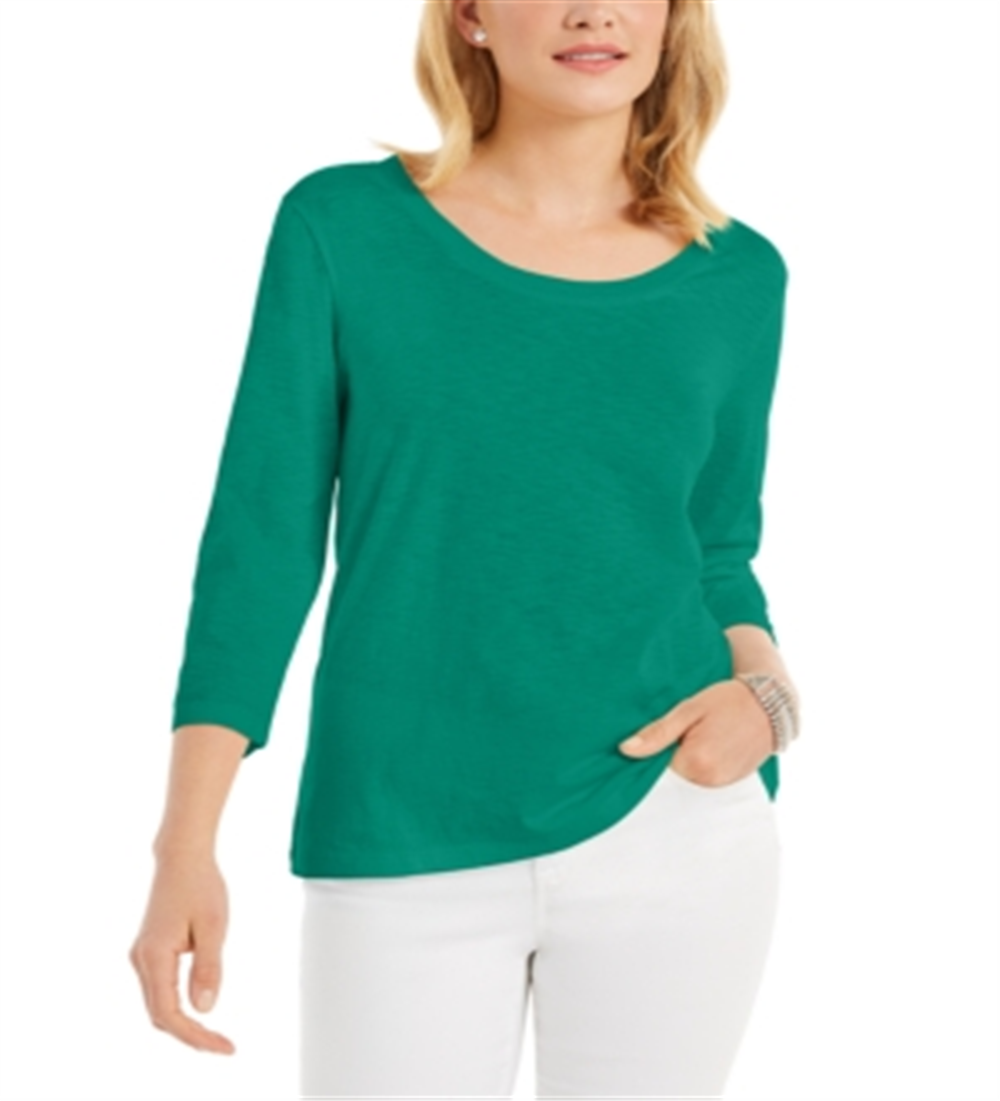 Top feminino estilo &amp; co com manga 3/4 e decote redondo, verde, tamanho médio