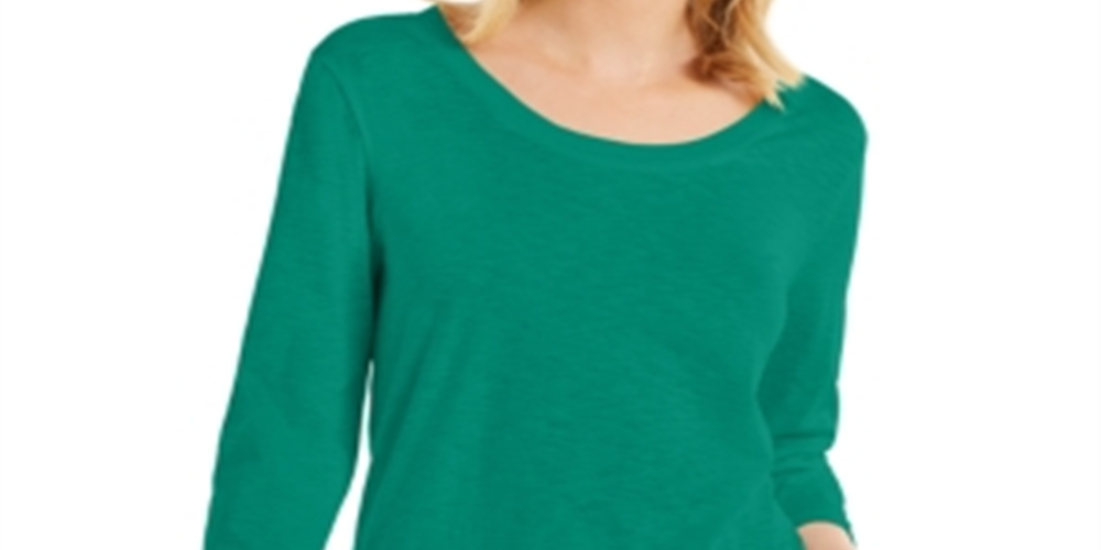 Top feminino estilo &amp; co com manga 3/4 e decote redondo, verde, tamanho médio