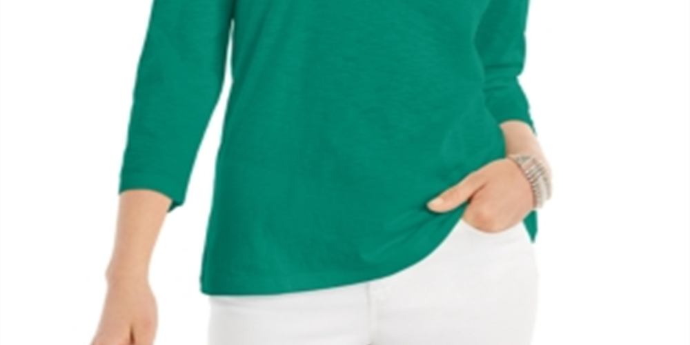 Top feminino estilo &amp; co com manga 3/4 e decote redondo, verde, tamanho médio