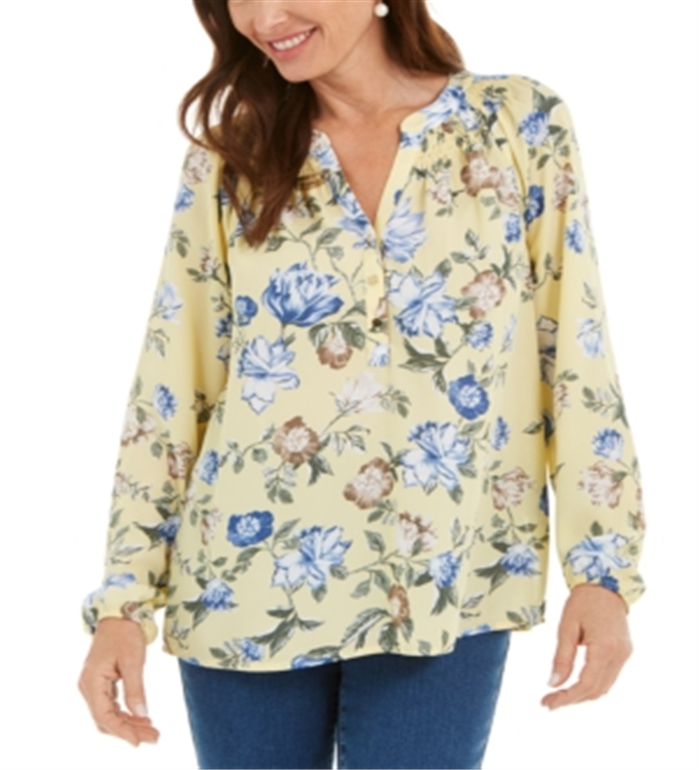 Blusa feminina com estampa floral em georgette, tamanho pequeno, amarela, Charter Club