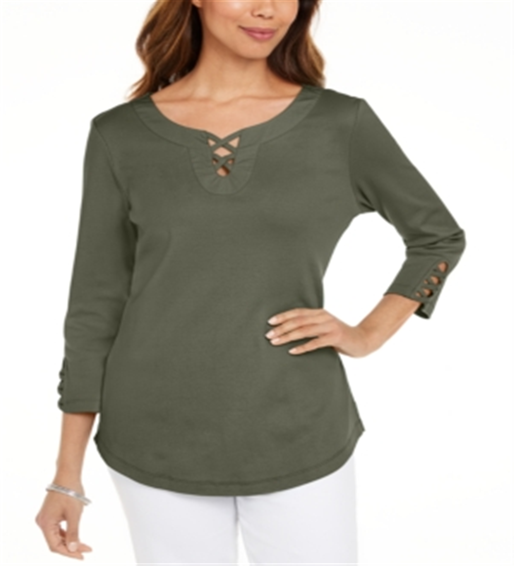 Camiseta feminina Karen Scott de algodão com cadarço, verde, tamanho pequeno