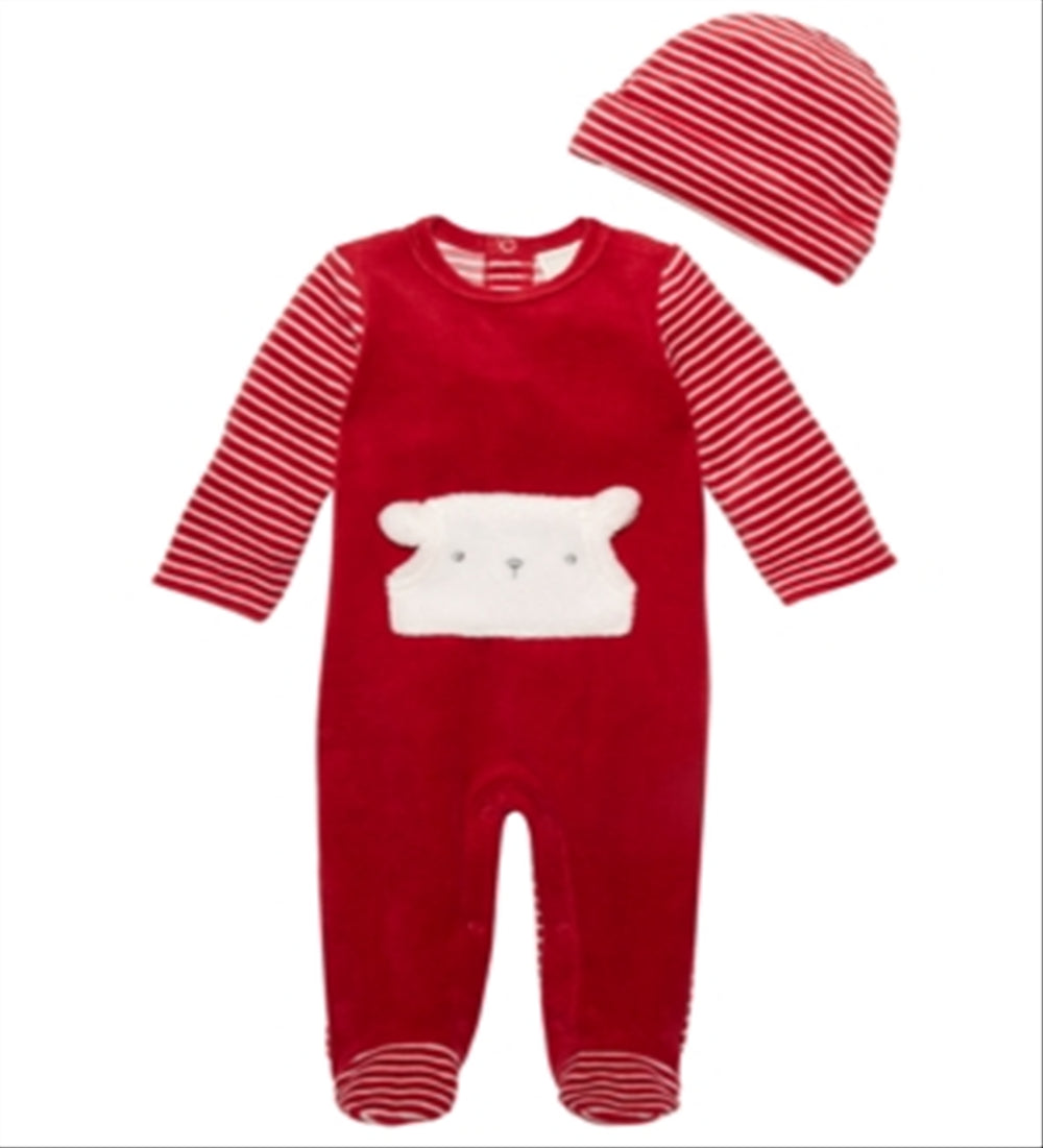 Conjunto de macacão listrado com 2 peças de gorro e pés First Impressions para bebê menino, vermelho, tamanho 0-3 meses