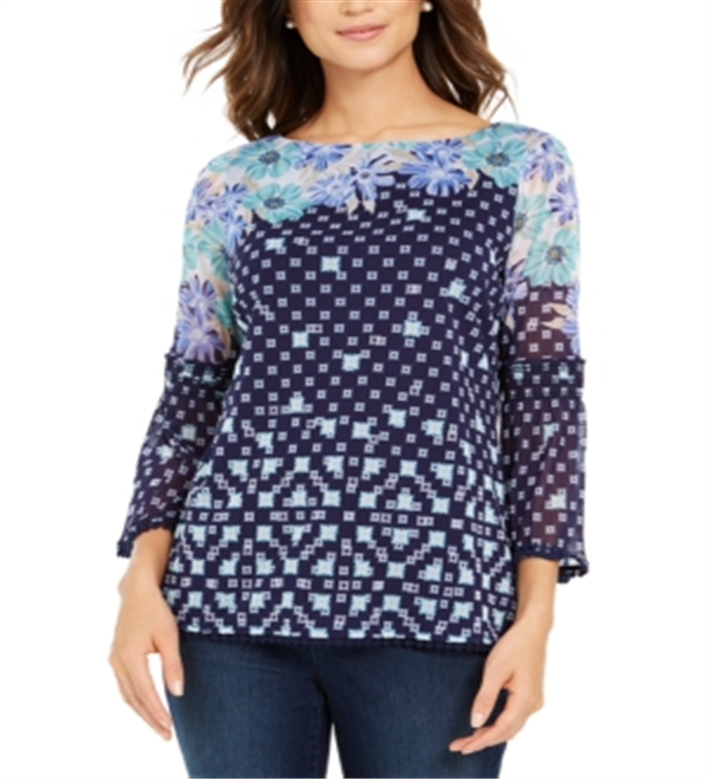 Camiseta feminina de malha estampada Charter Club, azul, tamanho grande