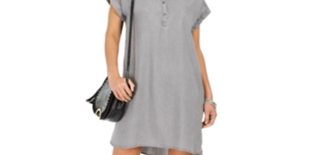 Vestido de camisa feminino estilo &amp; co, de cambraia, alto e baixo, cinza, tamanho X-S