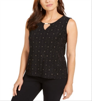 JM Collection Blusa feminina com decote em jacquard e abertura frontal, preta, tamanho pequeno P/M