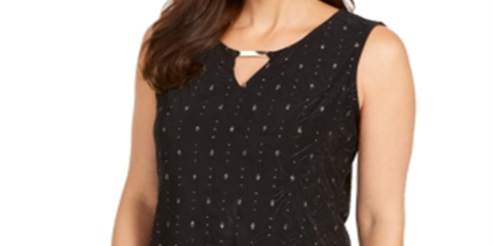 JM Collection Blusa feminina com decote em jacquard e abertura frontal, preta, tamanho pequeno P/M