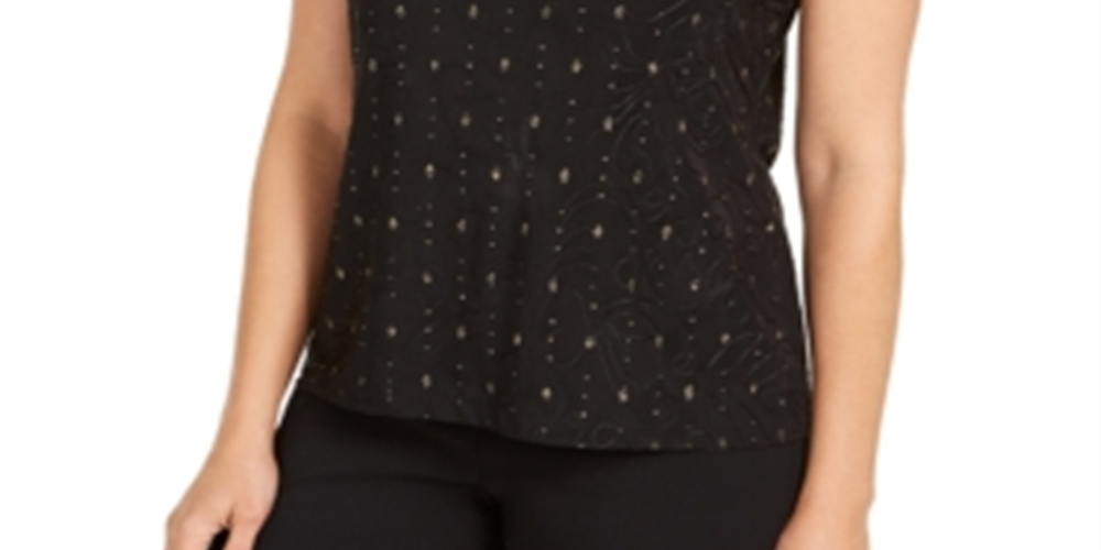 JM Collection Blusa feminina com decote em jacquard e abertura frontal, preta, tamanho pequeno P/M