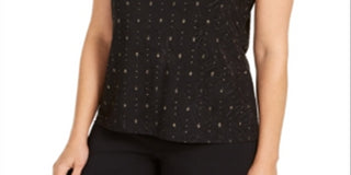 JM Collection Blusa feminina com decote em jacquard e abertura frontal, preta, tamanho pequeno P/M