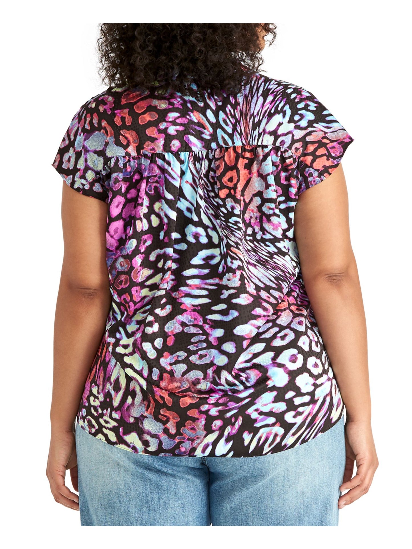 Blusa feminina Rachel Roy estampada, manga curta, decote em V, preta, tamanho 3X